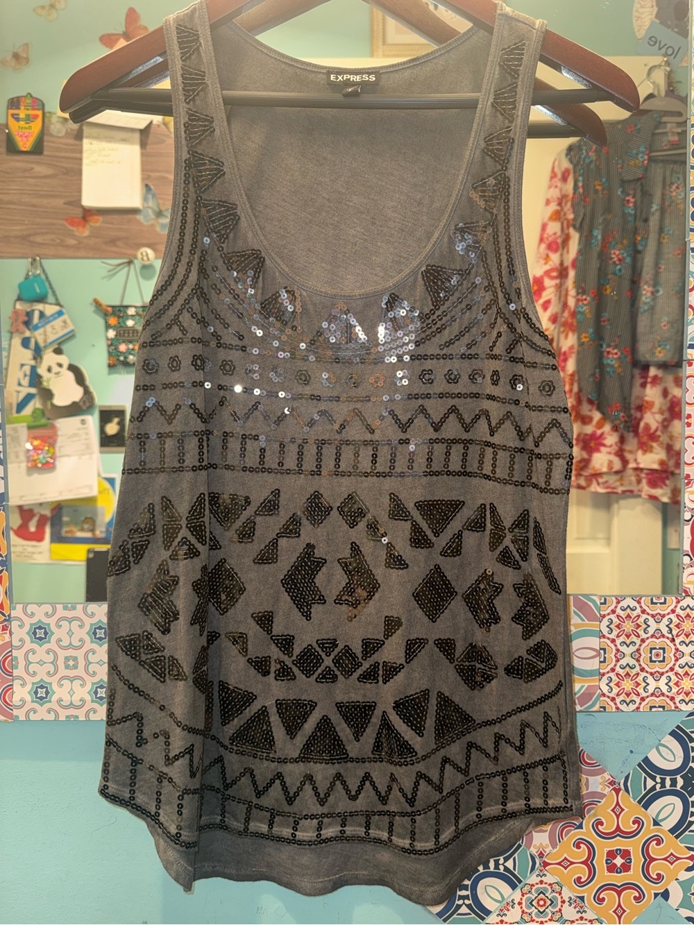 Express Gray Sequin Embellished Tank Top Small Boho Festival Sleeveless